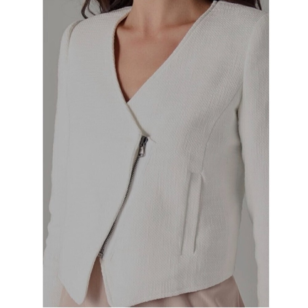 TIBI NY 100% Cotton Cropped Asymmetrical Knit Moto Jacket White 6 Quirt Luxury - Picture 1 of 16